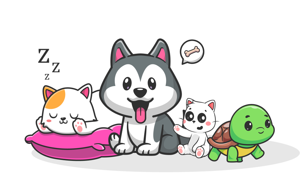 The Almanac companion animals: a sleeping cat, a husky, a kitten and a turtle